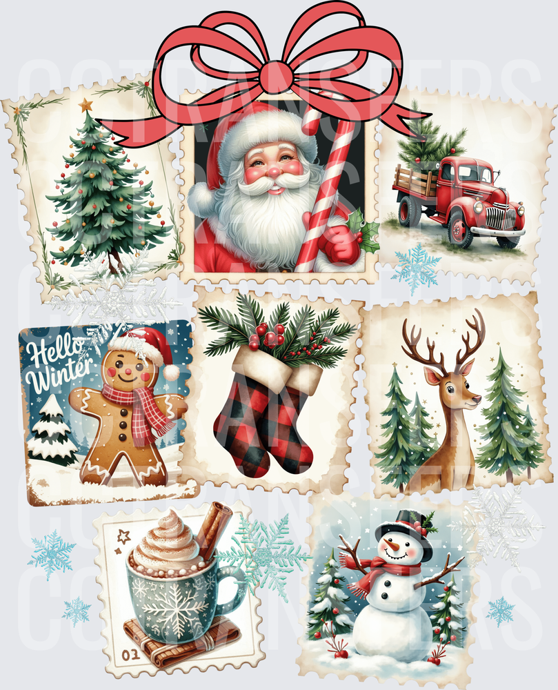 Vintage Christmas Postage Stamp Collage Red Bow (DTF)