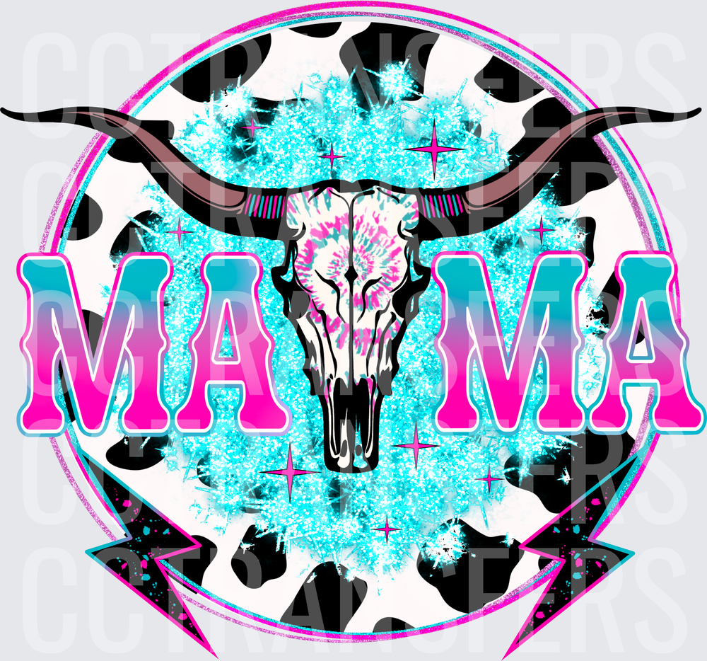 Mama Tie-Dye Bull Skull Cow Print Glitter Western (DTF)