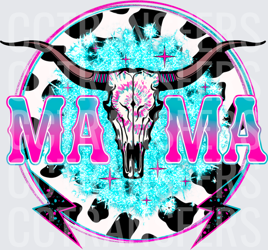 Mama Tie-Dye Bull Skull Cow Print Glitter Western (DTF)