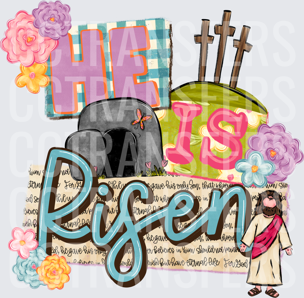 He Is Risen Easter Tomb Three Crosses Floral (DTF)