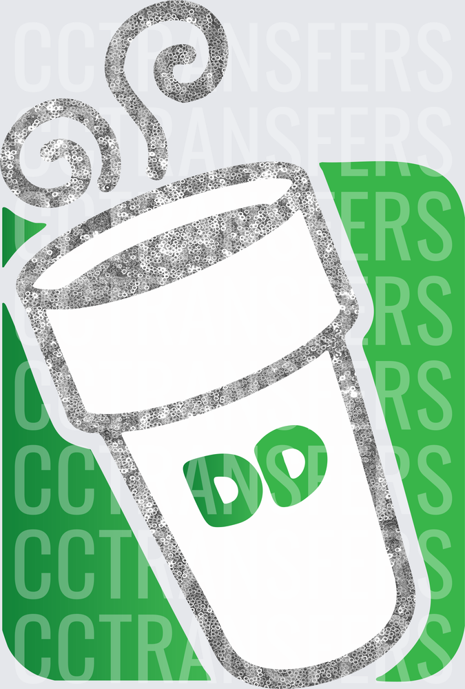 Silver Glitter Coffee Cup with Steam DD Green Background (DTF)