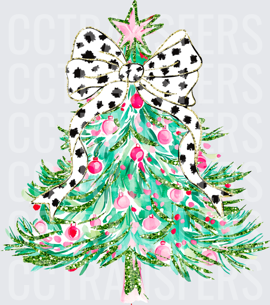 Glitter Christmas Tree Pink Ornaments Dalmatian Bow Star (DTF)