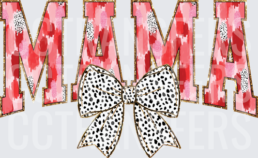 Mama Bold Letters Pink Red Dalmatian Bow Gold Glitter (DTF)
