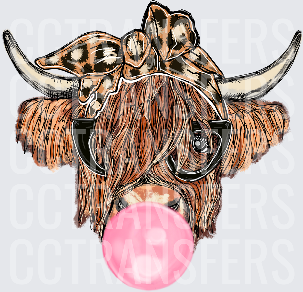 Highland Cow Sunglasses Leopard Bow Bubble Gum (DTF)