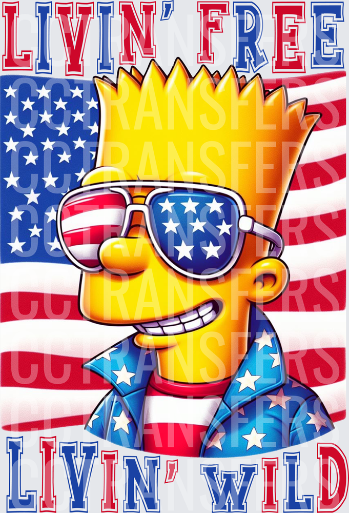 Livin' Free Livin' Wild Patriotic Cartoon Boy USA Flag (DTF)