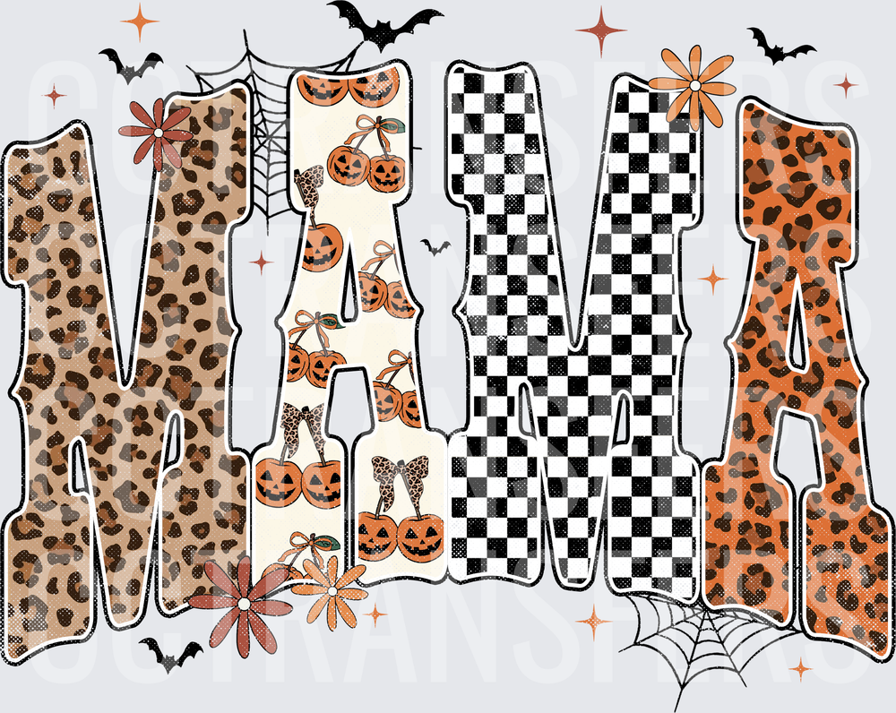 Halloween Mama Leopard Checkered Pumpkin Bats Design (DTF)