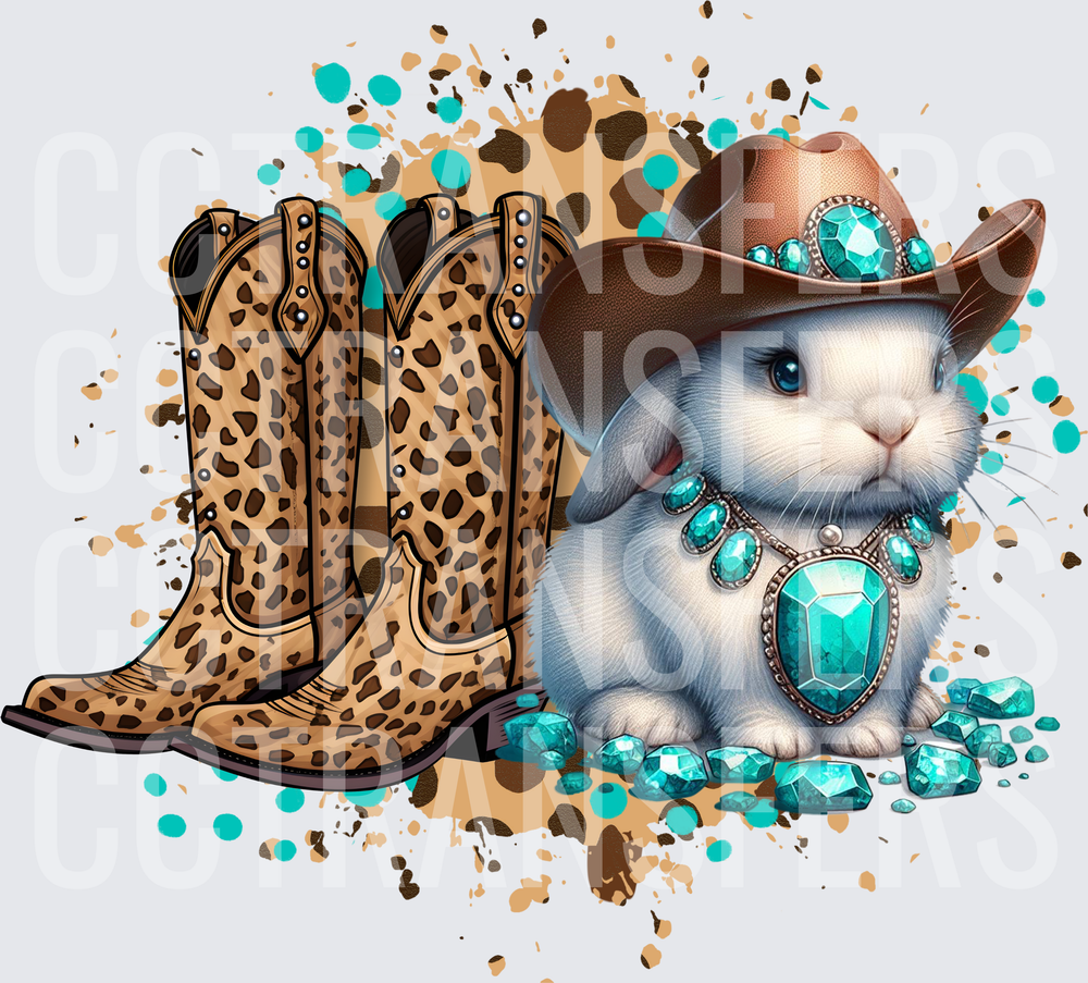 Cowgirl Bunny Leopard Boots Turquoise Gems Western (DTF)