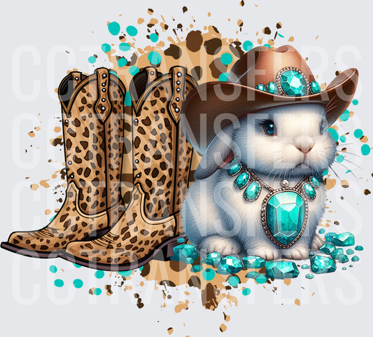 Cowgirl Bunny Leopard Boots Turquoise Gems Western (DTF)