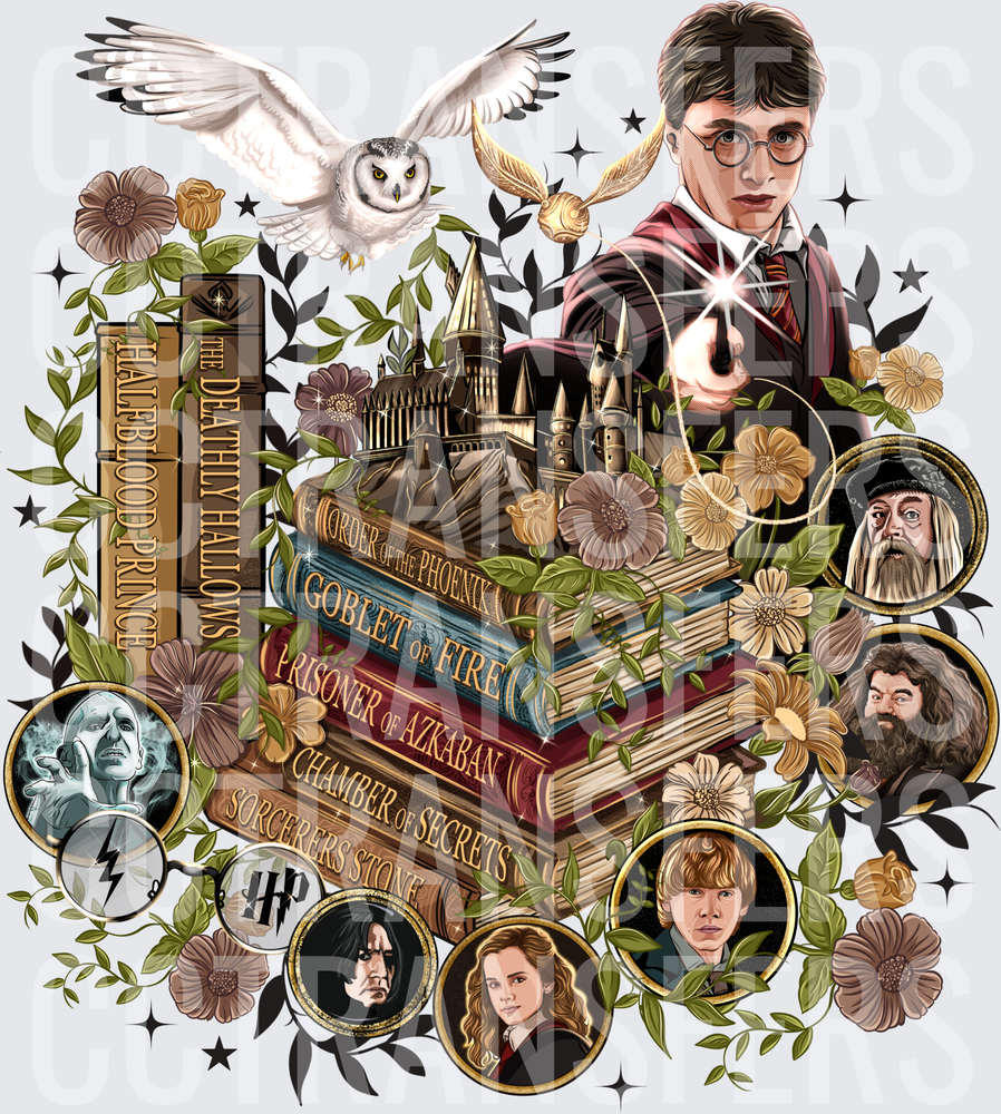 Wizard Boy Magic School Book Stack Floral Character Collage (DTF)