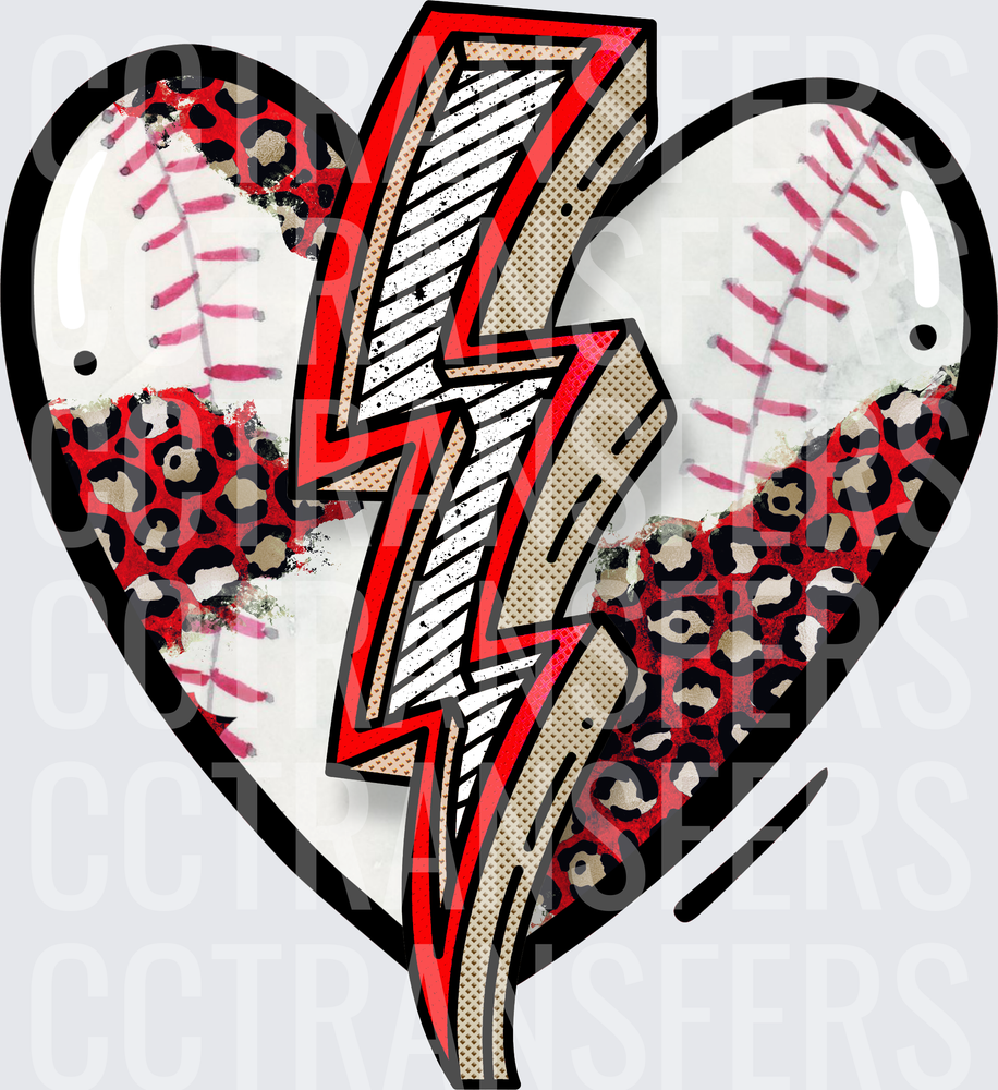Baseball Heart Lightning Bolt Leopard Print (DTF)