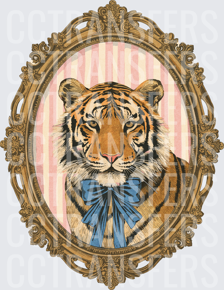 Regal Tiger Portrait Blue Bow Ornate Gold Frame (DTF)