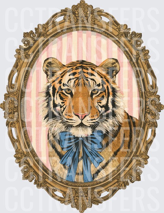 Regal Tiger Portrait Blue Bow Ornate Gold Frame (DTF)