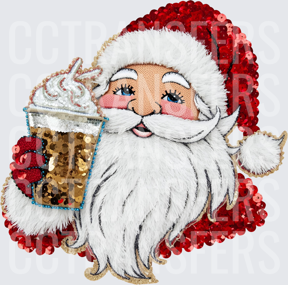 Sequin Santa Claus Holding Iced Coffee Frappuccino (DTF)