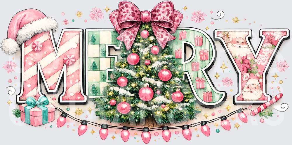 Merry Pink Christmas Tree Bow Santa Hat Lights (DTF)