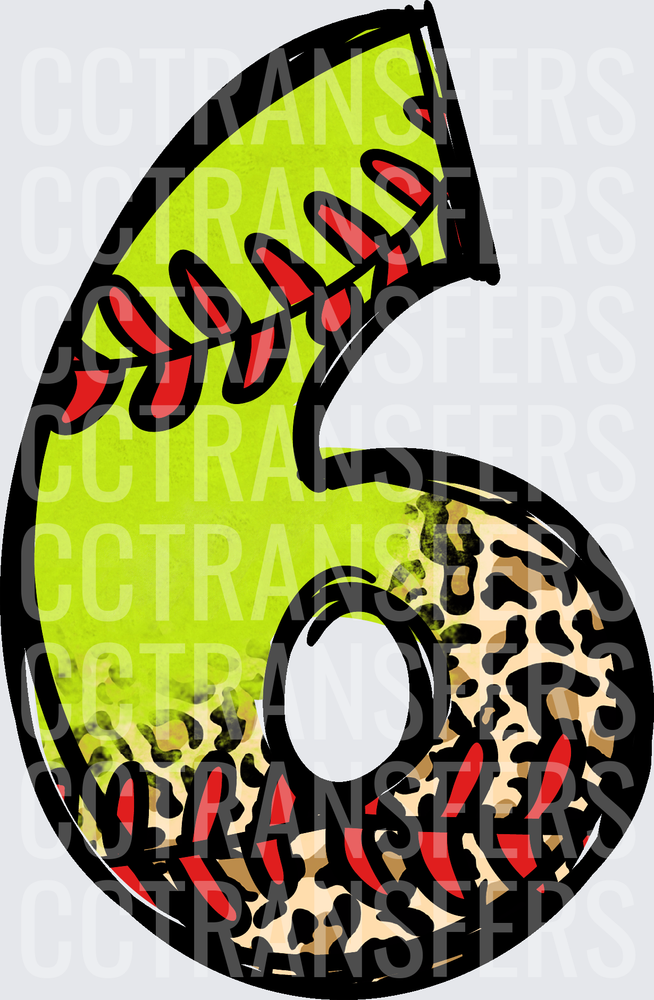 Softball Number 6 Cheetah Print Stitched Design (DTF)
