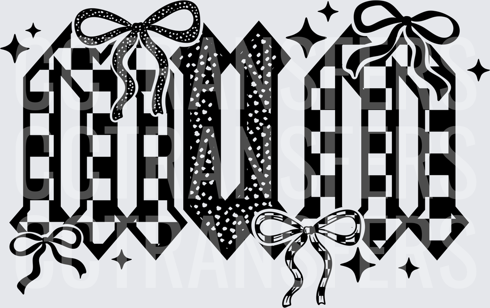 Checkered Gothic Letter U V O Bows Sparkles Black White (DTF)