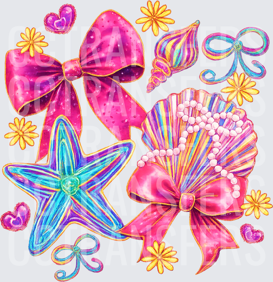 Bright Coastal Bows Seashells Starfish Pearl Necklace (DTF)
