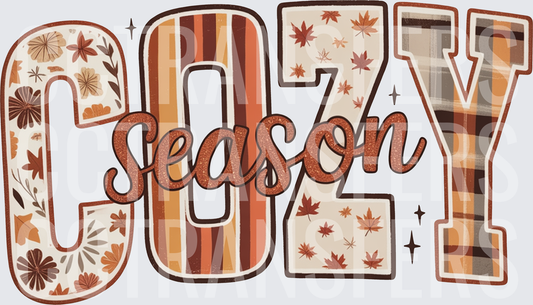 Cozy Season Fall Patchwork Letters Autumn Leaves (DTF)