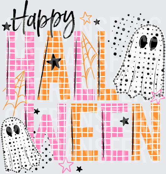 Happy Halloween Pink Orange Plaid Ghosts Stars (DTF)
