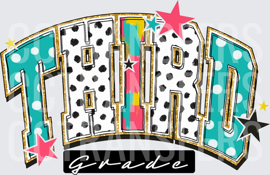 Third Grade Bold Polka Dot Star Varsity Letter Design (DTF)