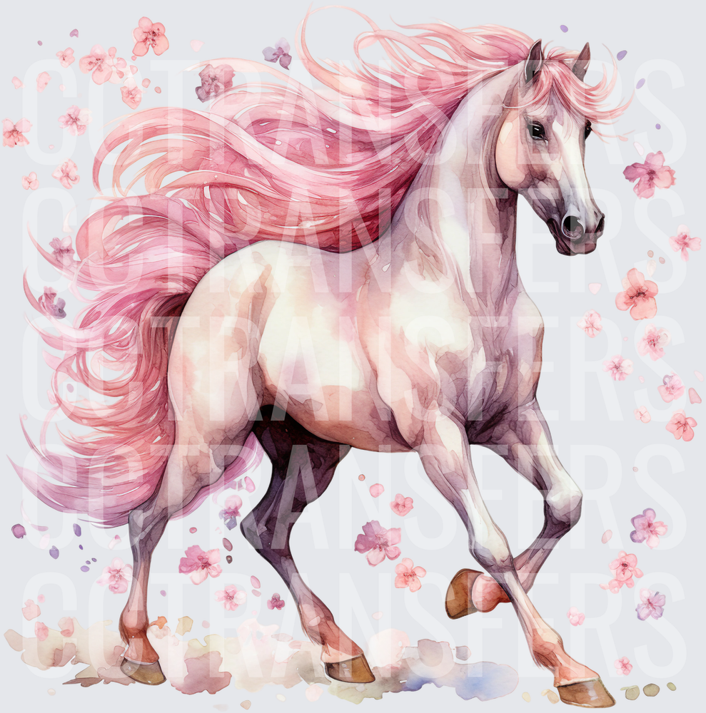 Watercolor White Horse Flowing Pink Mane Floral (DTF)