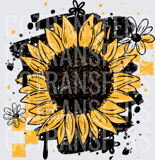 Bold Sunflower Grunge Splatter with Daisies and Checkers (DTF)