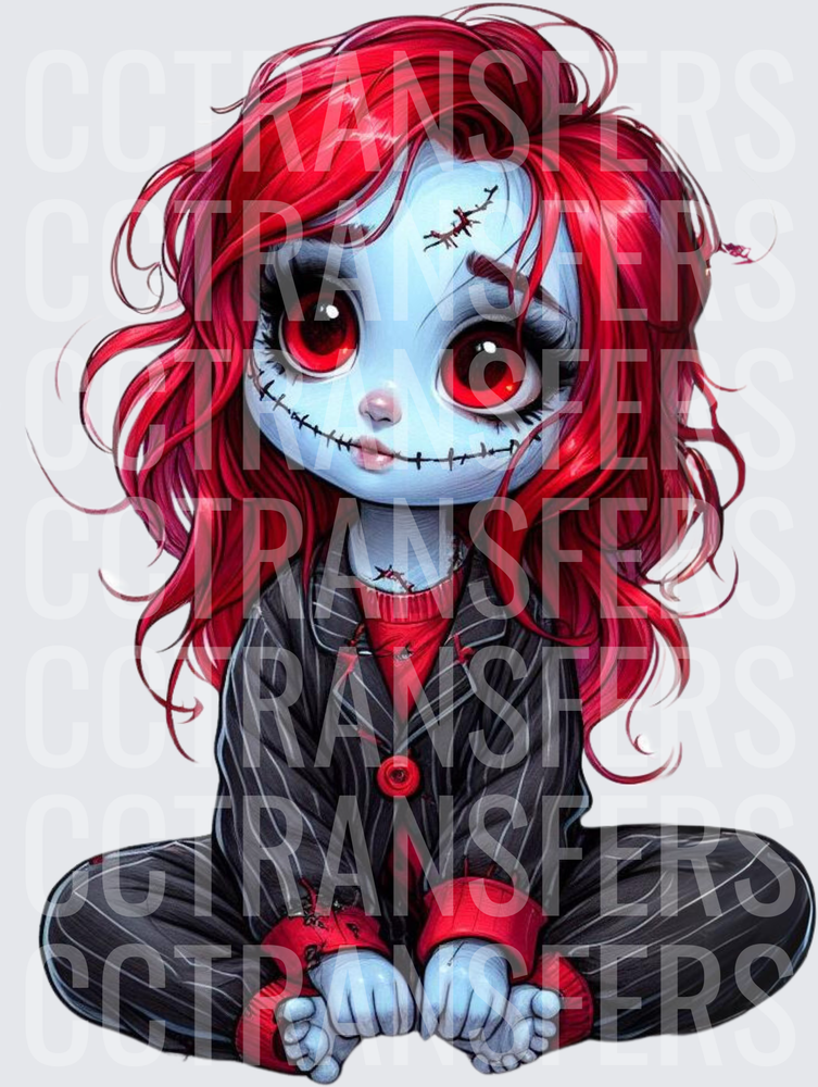 Chibi Rag Doll Girl Red Hair Stitched Face Pinstripe Suit (DTF)