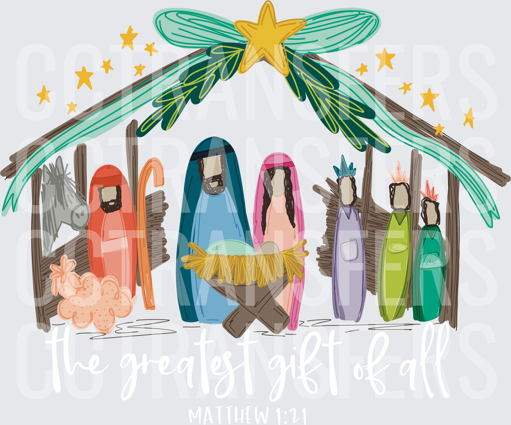 Colorful Christmas Nativity Scene with Star and Manger (DTF)