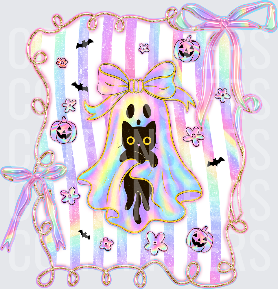 Pastel Rainbow Ghost Black Cat Bow Halloween Frame (DTF)