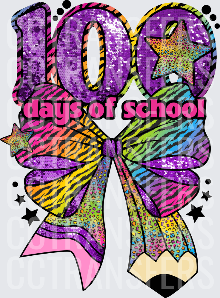 100 Days of School Colorful Bow Glitter Animal Print (DTF)