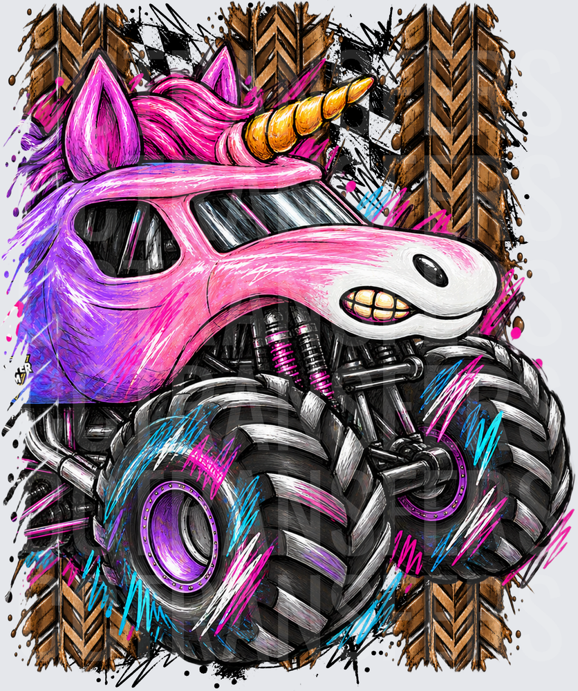 Pink Unicorn Monster Truck Grunge Checkered Flag (DTF)