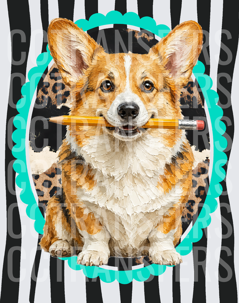 Corgi Holding Pencil Teal Scallop Frame Wild Print (DTF)