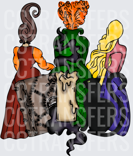 Three Halloween Witches Spellbook Candle Black Cat (DTF)