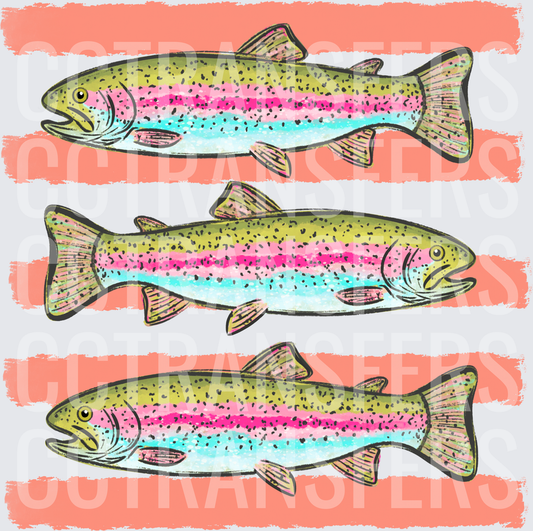 Three Rainbow Trout Illustrated Coral Stripe Pattern (DTF)