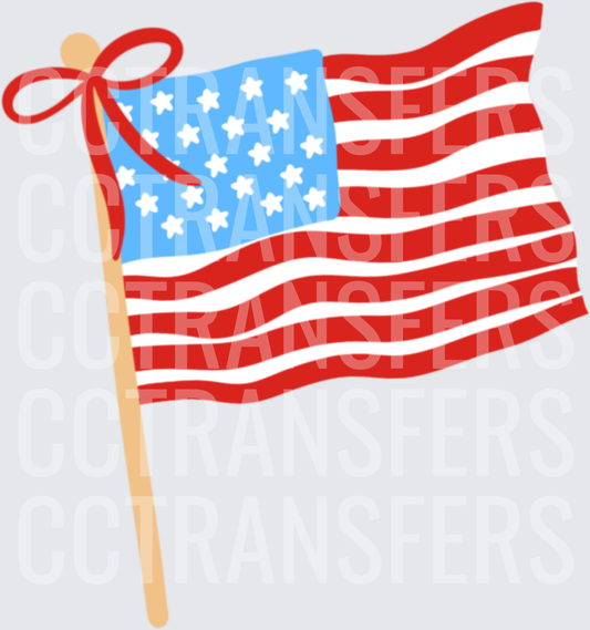 Cute Waving American Flag with Red Bow on Wooden Pole (DTF)