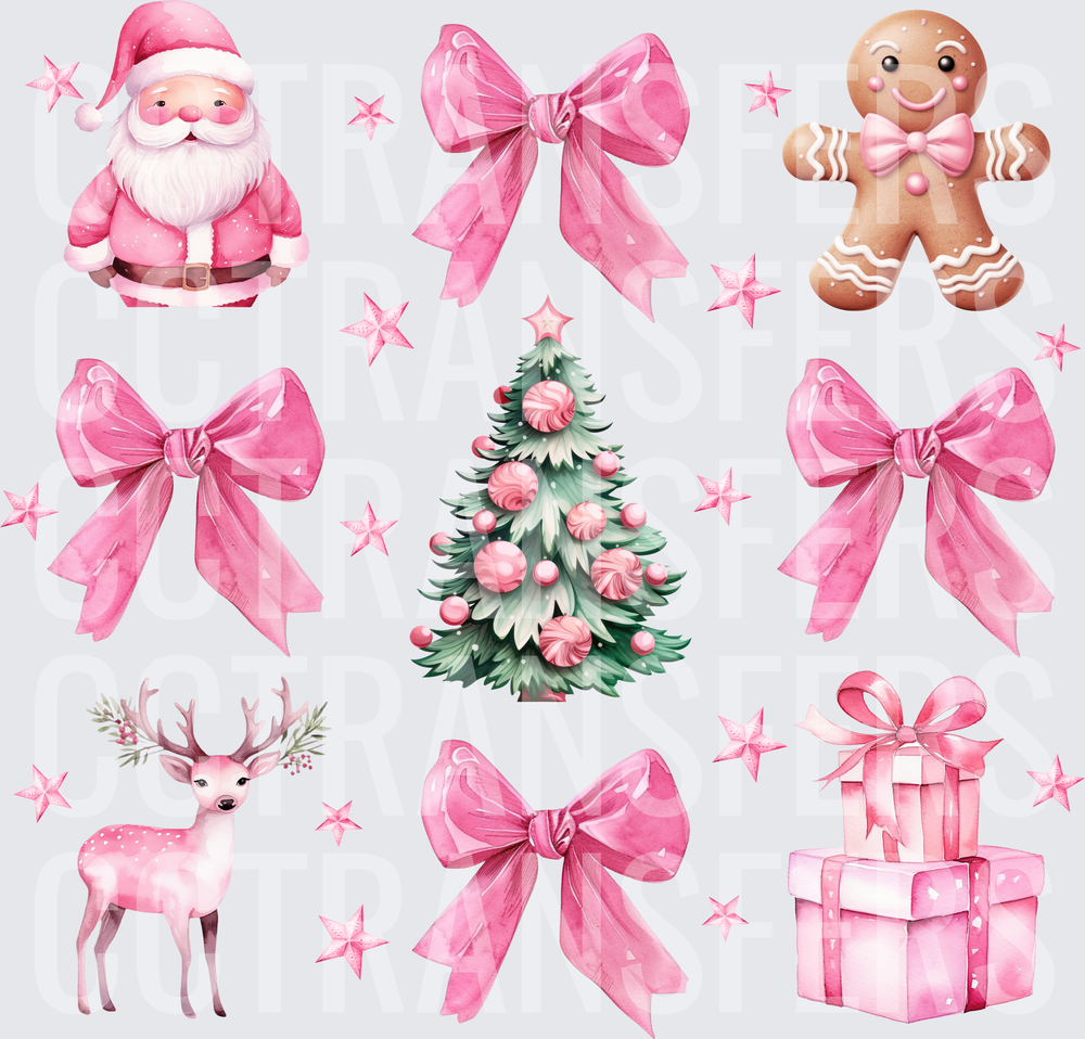 Pink Christmas Bundle Santa Deer Gingerbread Bows Tree (DTF)