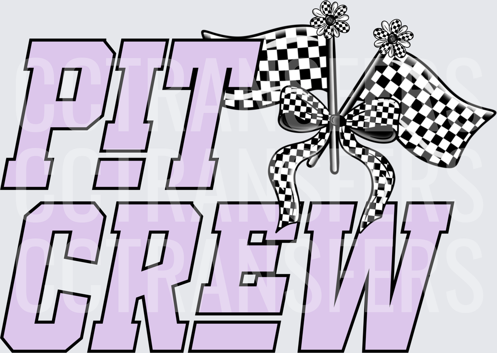 Pit Crew Lavender Bold Text Checkered Racing Flags Bow (DTF)