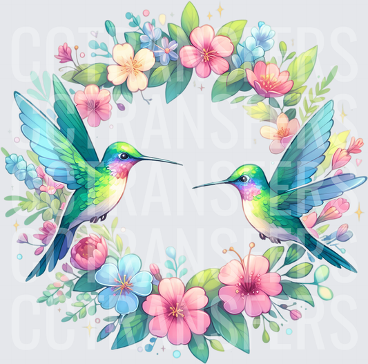 Pastel Hummingbird Pair Floral Wreath (DTF)