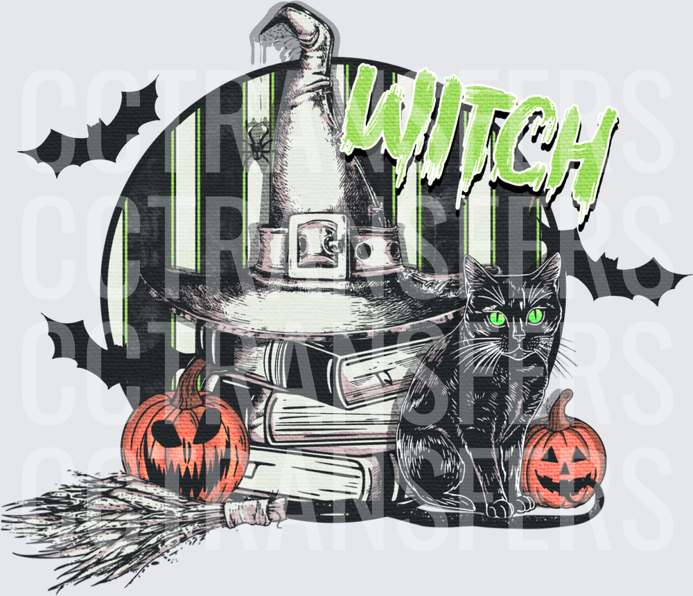 Witch Black Cat Pumpkins Broomstick Spooky Halloween (DTF)