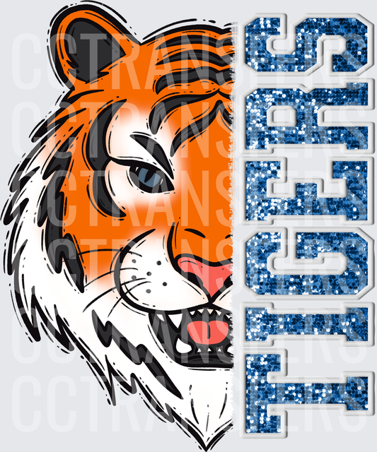 Half Tiger Face with Blue Glitter TIGERS Text (DTF)