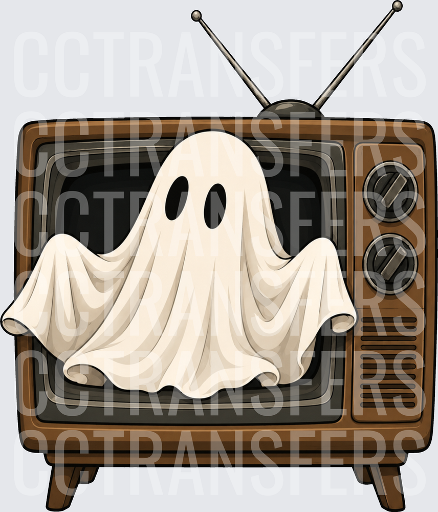Spooky Sheet Ghost Emerging From Retro Vintage TV (DTF)