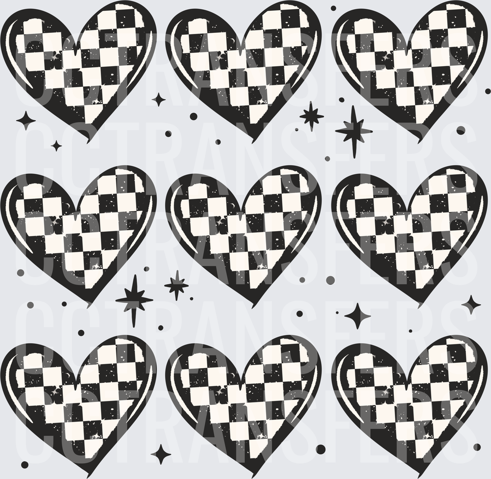 Nine Checkered Hearts with Stars Grunge Pattern (DTF)