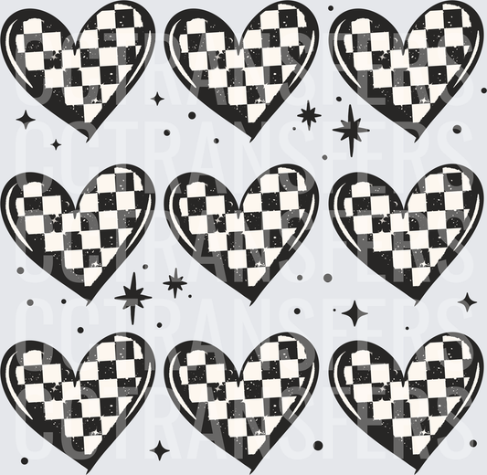 Nine Checkered Hearts with Stars Grunge Pattern (DTF)