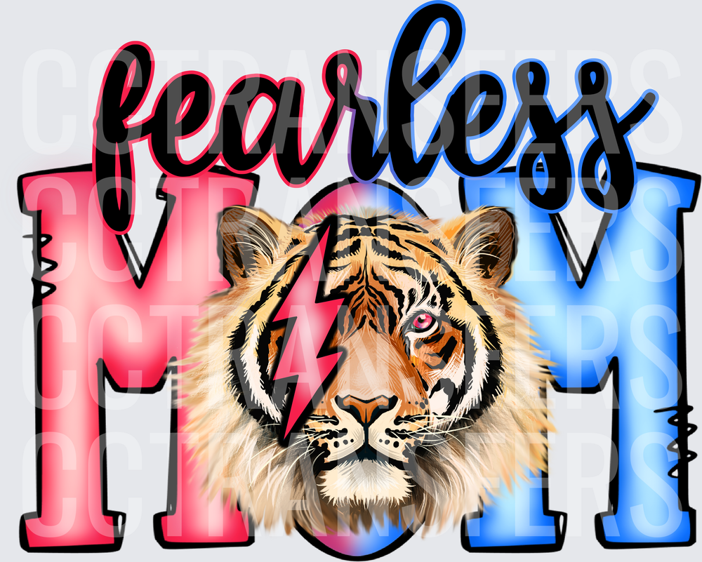 Fearless Mom Tiger Face Lightning Bolt Pink Blue (DTF)