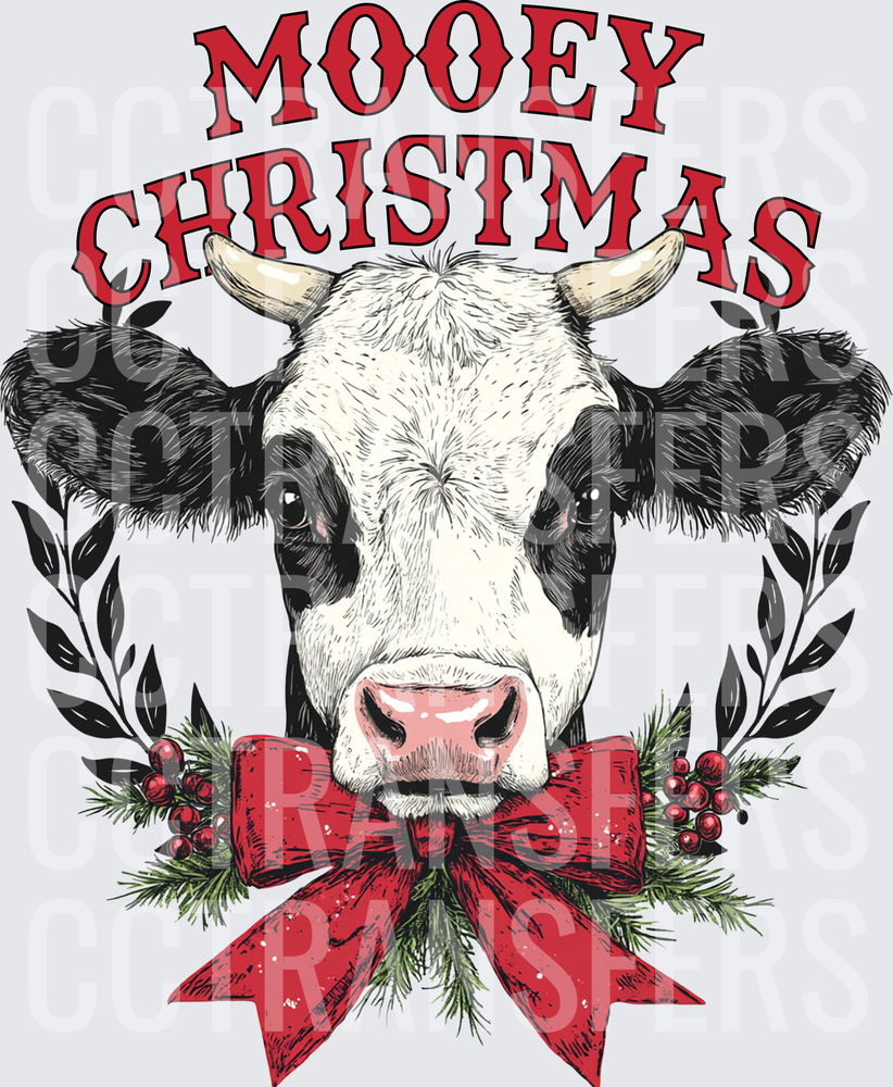 Mooey Christmas Holstein Cow Red Bow Wreath (DTF)