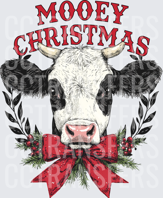 Mooey Christmas Holstein Cow Red Bow Wreath (DTF)