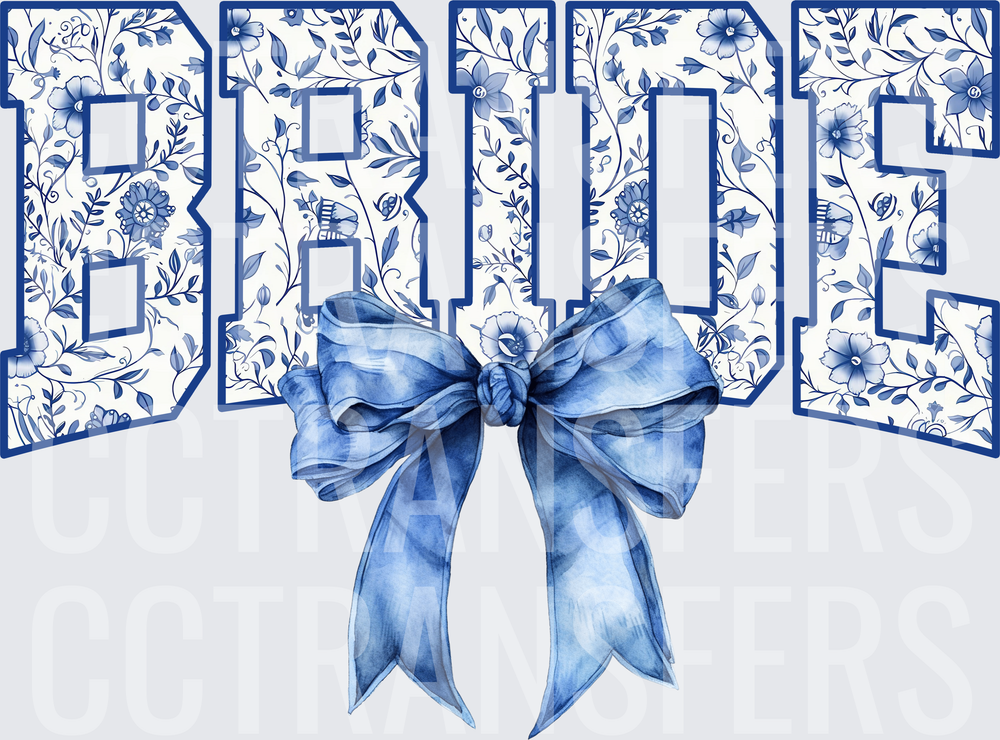 Blue Floral Bride Bold Letters with Watercolor Bow (DTF)