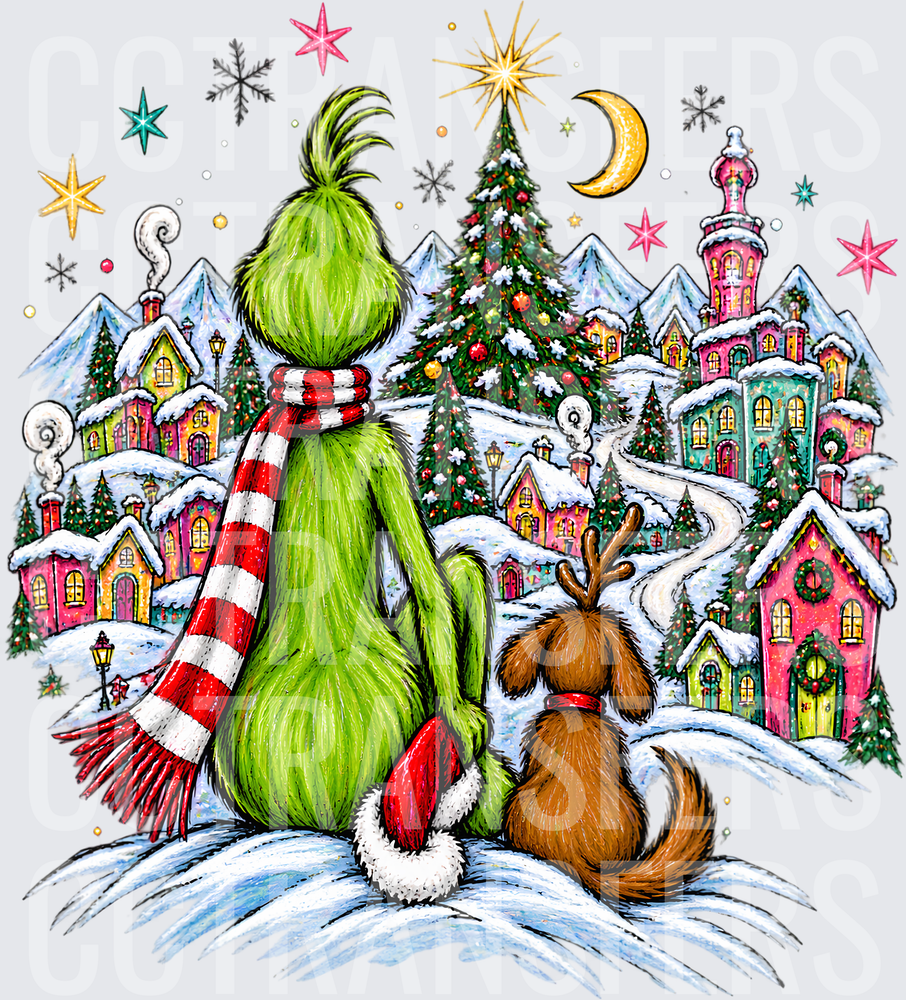 G-Man & Dog Overlooking Snowy Christmas Village (DTF)