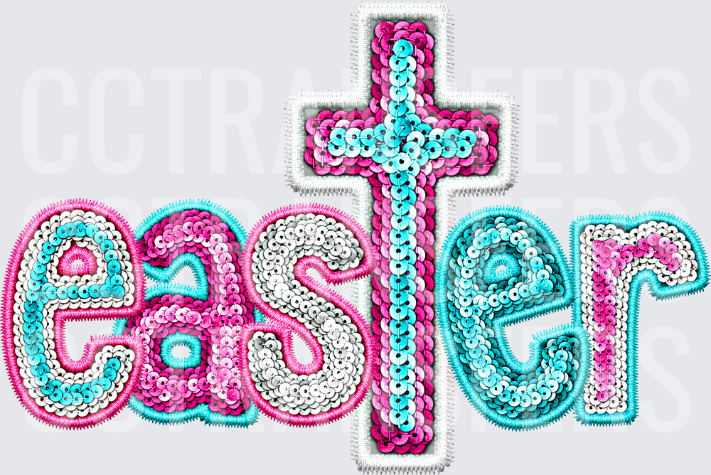 Easter Sequin Cross Faux Embroidery Glitter Text (DTF)
