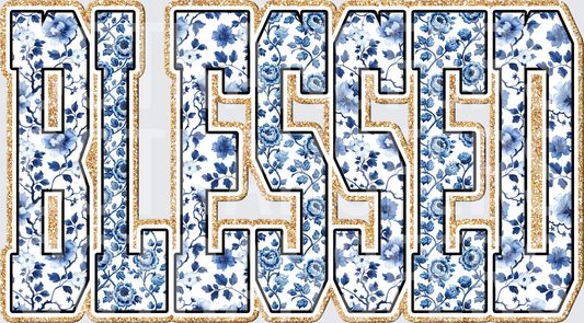 Blessed Blue Floral Gold Glitter Bold Varsity Letters (DTF)